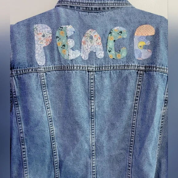 Upcyled Peace Applique Distressed Jean Jacket - Picture 13 of 15